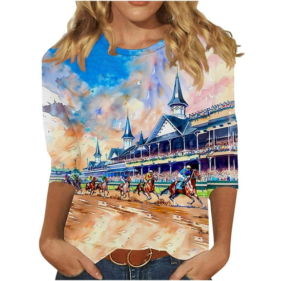 CYMMPU Business Work Blouses Plus Size Tunic Tops Crewneck Vintage Basic Tees Horse Printed 3/4 Length Sleeve Shirts Summer Fall 2025 Clothes for Women Multicolor XXXXL