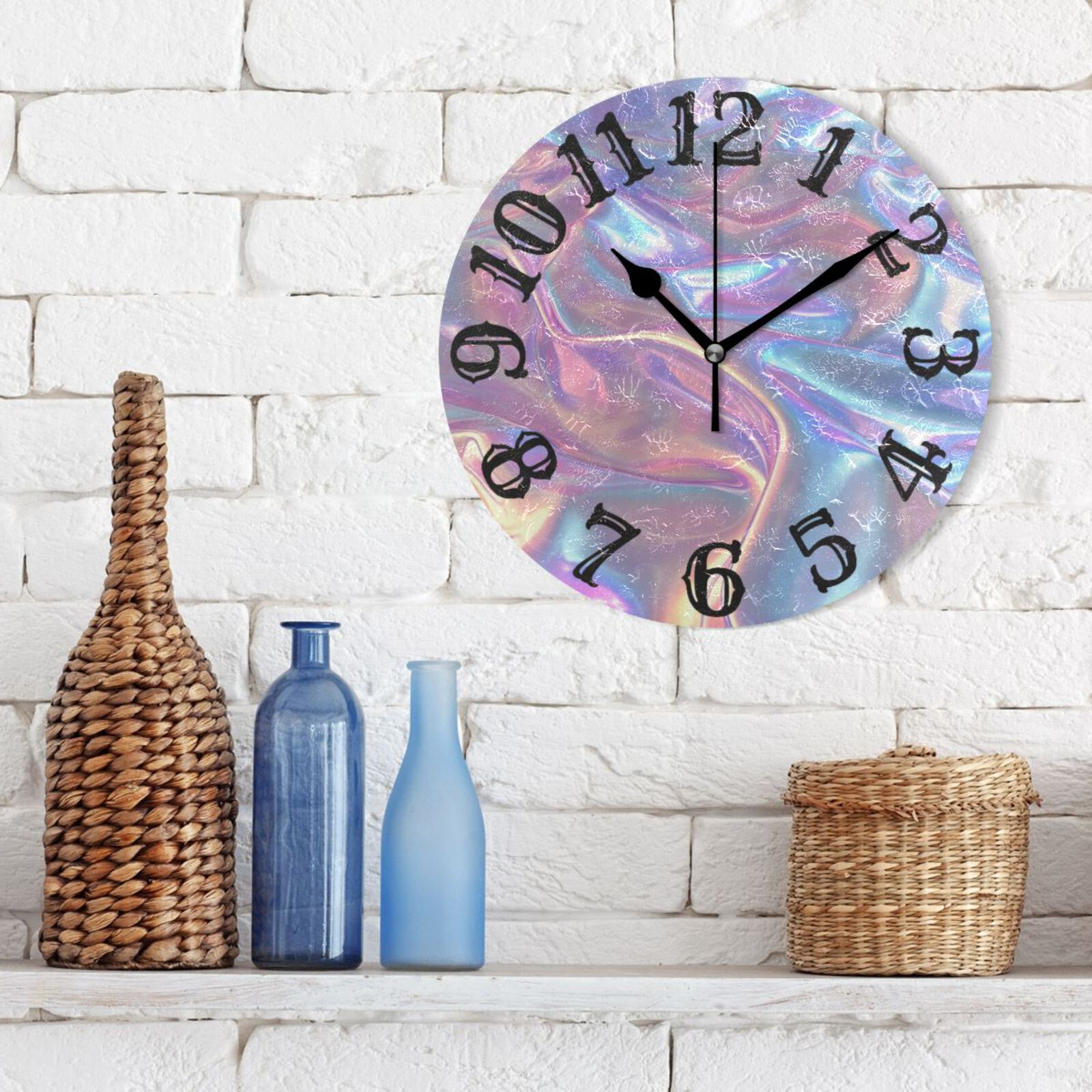 Colorful Hologram Wall Clock 10 inch Non-Ticking Easy to Read Decorative Clocks for Home Bedroom Living Room