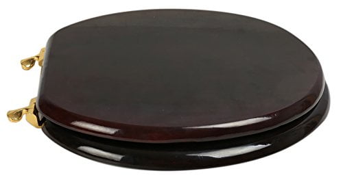BathDecor Mahogany Finish Designer Solid Round Oak Wood Toilet Seat with Polished Brass Hinges
