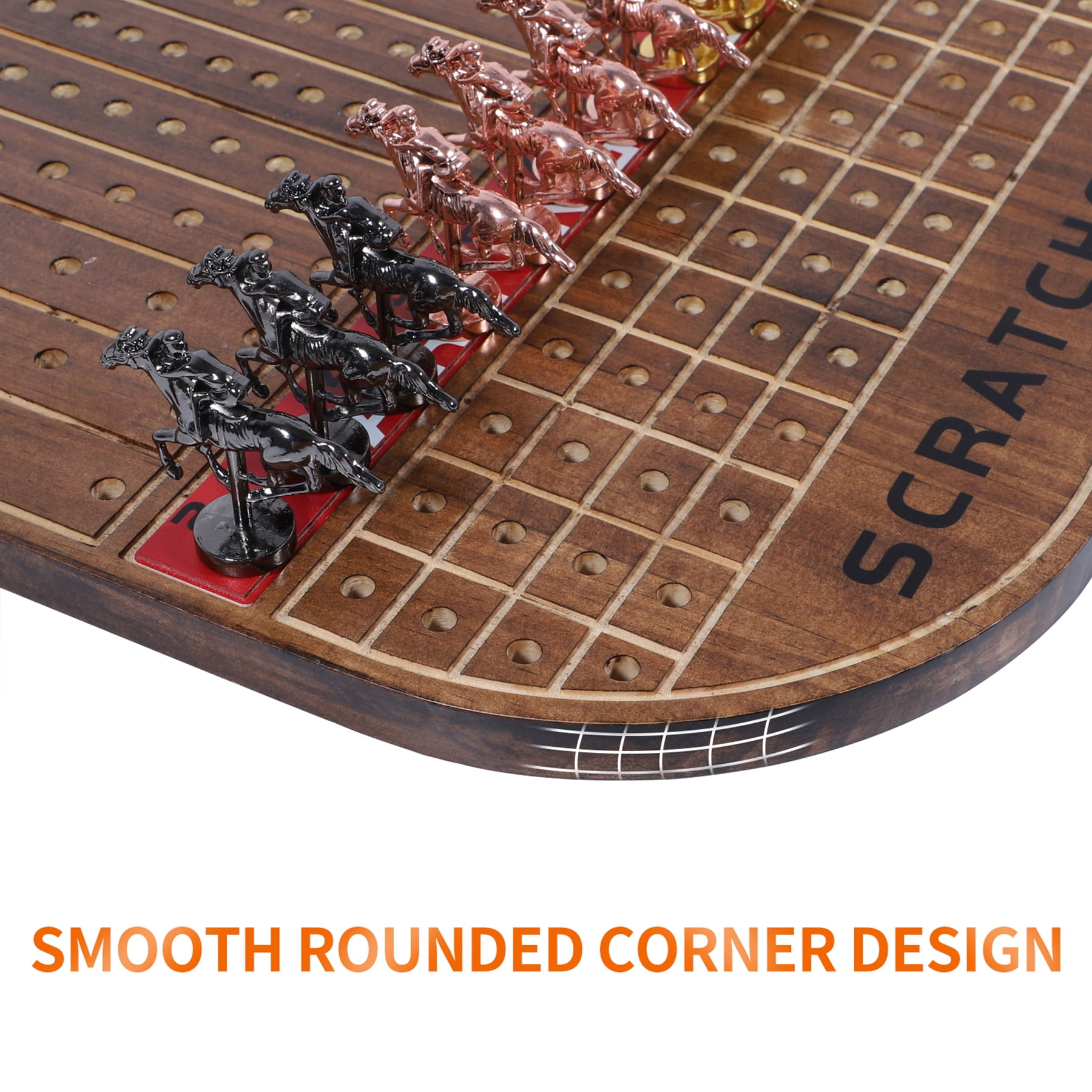 Grhonior Horse Race Board Game Solid Wood with 11 Metal Horses, 4 Dice & 2 Card Decks (Rustic Brown)