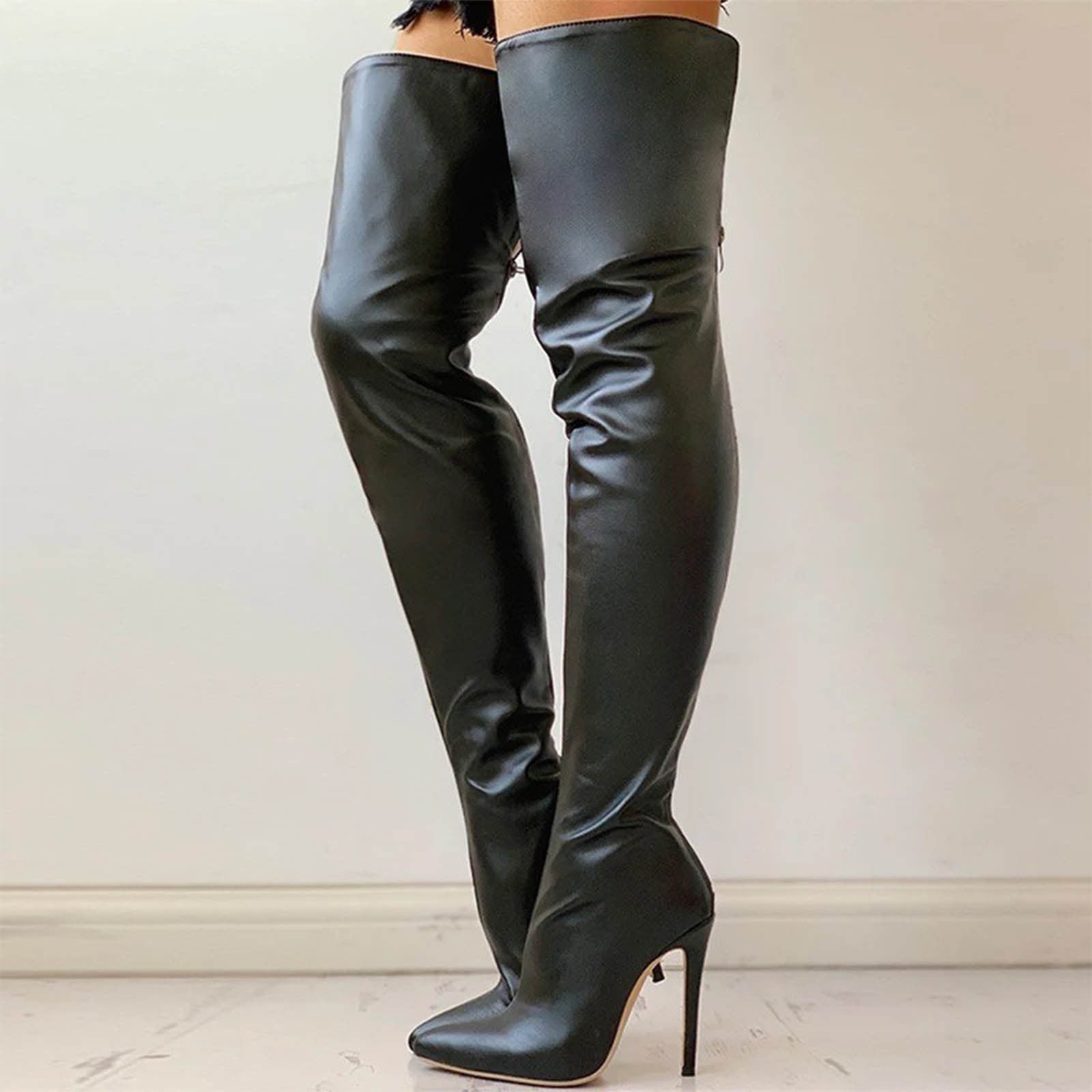 Women's Pointy Toe Zip Rivet Rhinestones Block Mid Heels Knight Knee High Boots 