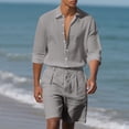 thumbnail image 3 of Hrsba Men Outfits 2 Piece Set, Solid Color Linen Button Lapel Long Sleeve Shirt and Drawstring Elastic Waist Shorts Summer Beach Set, 3 of 5