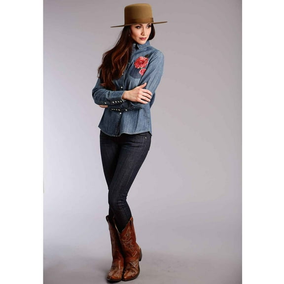 Stetson Woven Denim Boyfriend Fit Long Sleeve Western Style Shirt Blu L, 0594