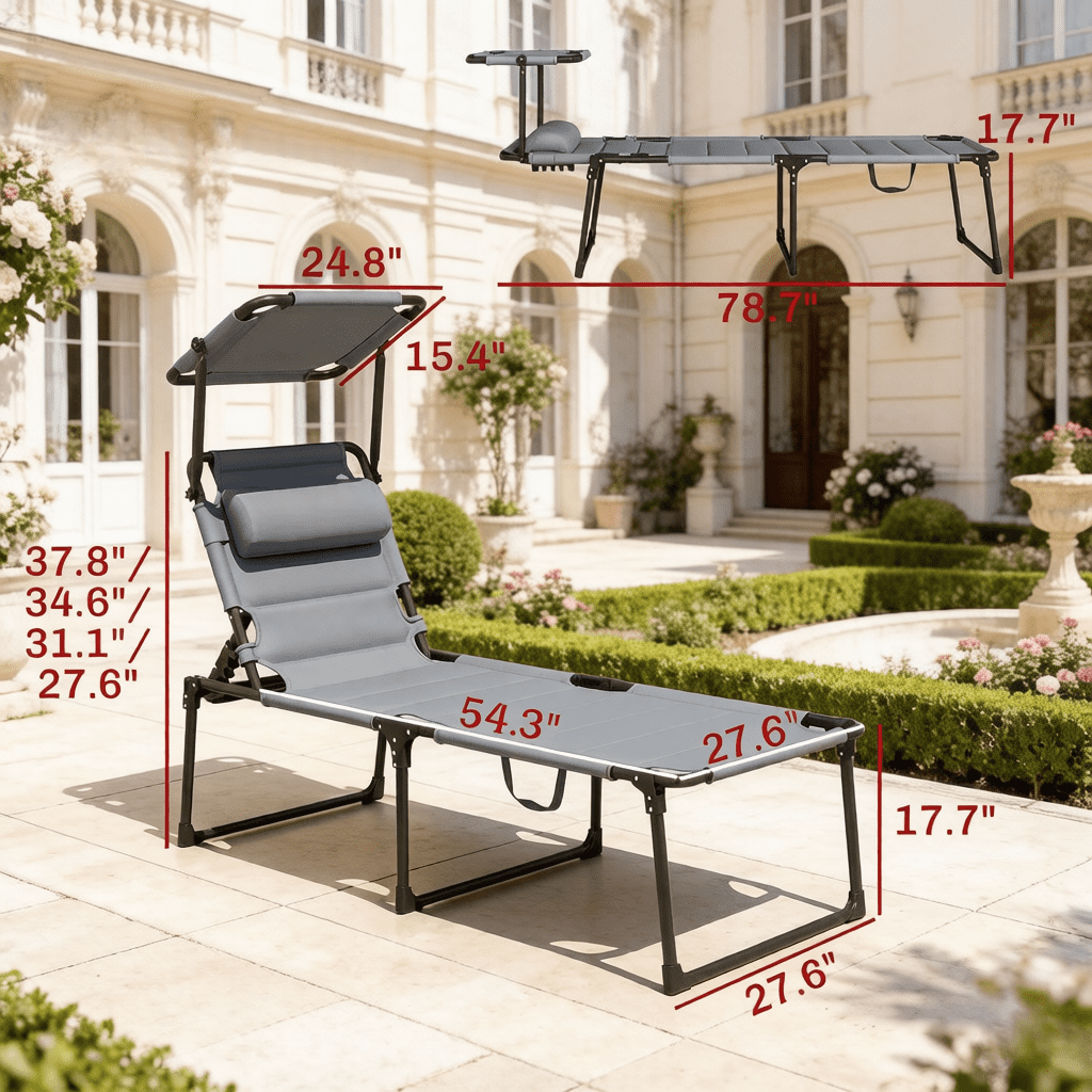 Foldable Outdoor Reclining Sun Lounger with Adjustable Sun Canopy, 4-Position Backrest Patio Chaise Lounge with Washable Pillow, 264 LBS Capacity Steel Frame