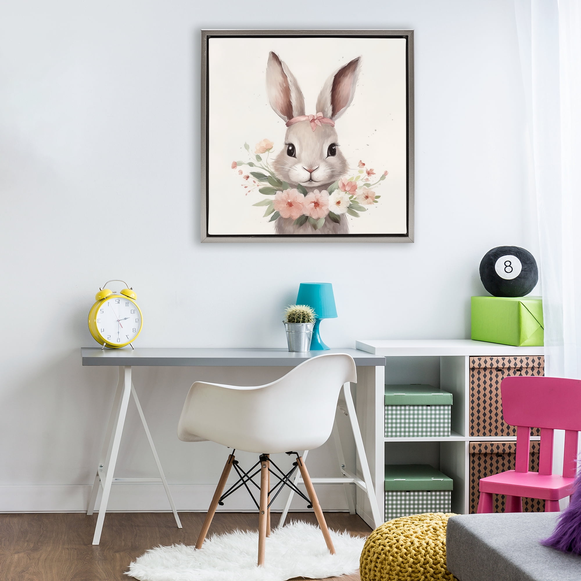 Stupell Industries Charming Bunny in Floral Wreath Gray Framed Floater Canvas Wall Art, design by Lazar Studio