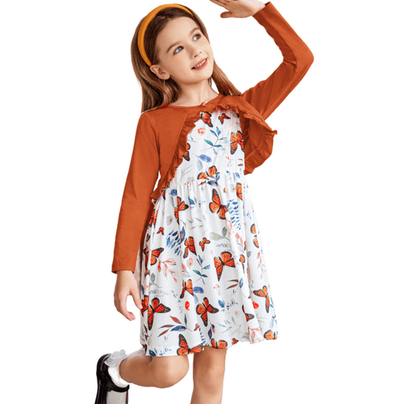 Oudiya Toddler Little Girls Dress and Cardigan 2 Piece Sets Floral Print Sleeveless Sundress and Long Sleeve Shrugs Casual Sets for Kids 2-6Y
