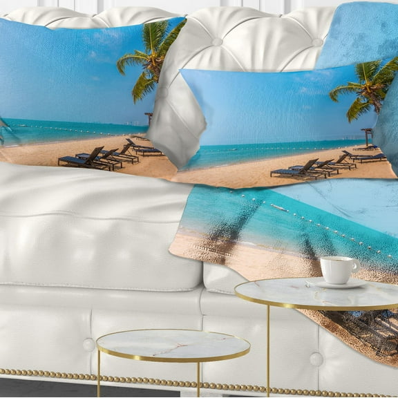 Designart Blue Beach with Palm Trees - Seashore Photo Throw Pillow - 12x20