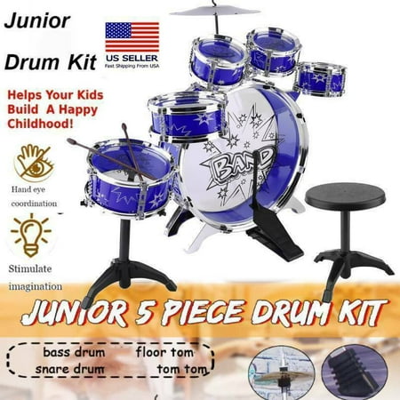 Products 5-Piece Kids Beginner All Wood Junior Size Drum Set, Percussion Instrument Starter Kit w/Stool, Drumsticks, Toms, Snare, Hi Hat, Cymbal - Blue