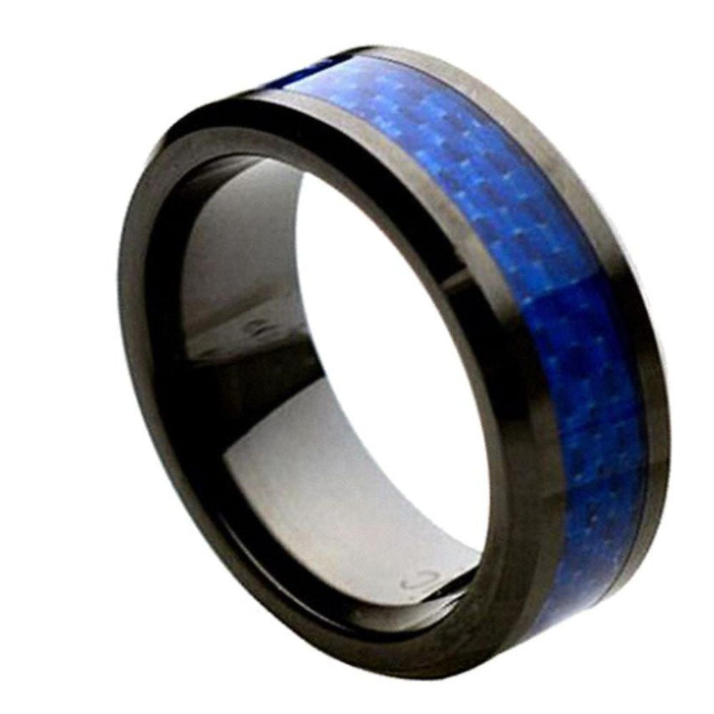 Black Ceramic Wedding Band,8MM,Blue Carbon Fiber,Engagement,Beveled,Comfort Fit 