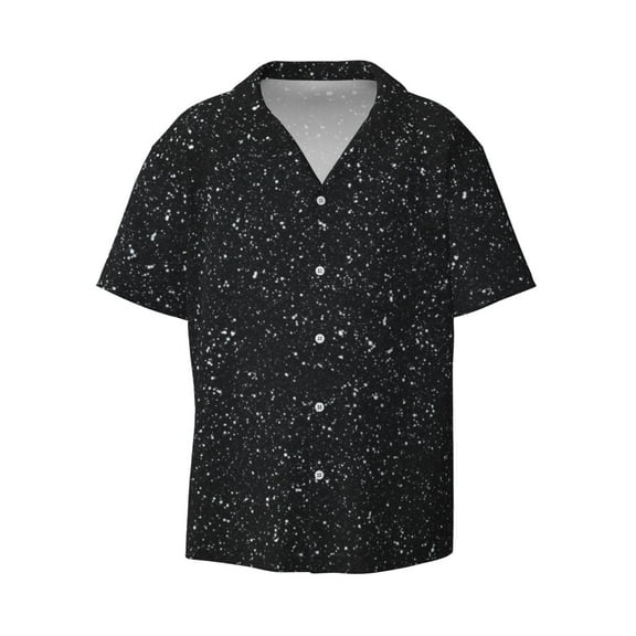 Ratiio Black Glitter Print Mens Casual Short Sleeve Shirts Button Down Textured Shirts Summer Beach Shirt with Pocket Men's Casual Short-sleeved Shirt