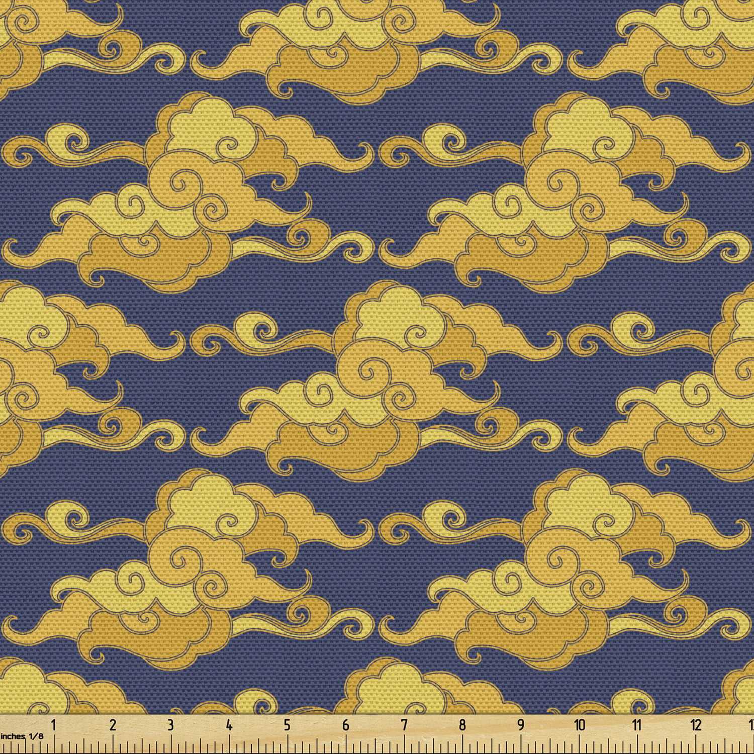 Japanese Fabric by the Yard Upholstery, Golden Yellow Tone Clouds on the with Oriental Drawing, Decorative Fabric for DIY and Home Accents, 5 Yards, Dark Indigo Dark Yellow Ambesonne -