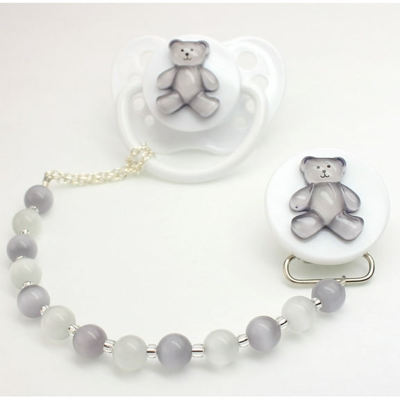 Teddy Bear with Simulated Pearls Pacifier Clip