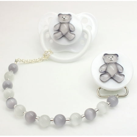 Teddy Bear with Simulated Pearls Pacifier Clip