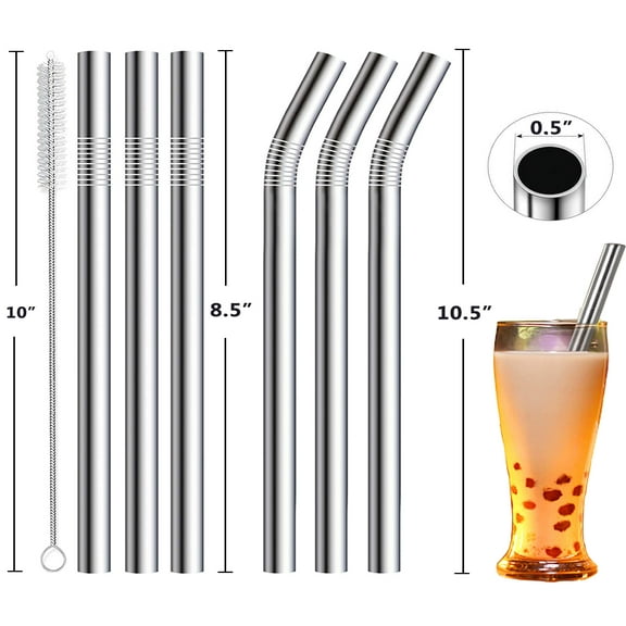 Vannise Silver Stainless Steel Smoothie Straws, 0.5'' Extra Wide Reusable Metal Drinking Straws for Beverage, Set of 6 with 1 Cleaning Brush