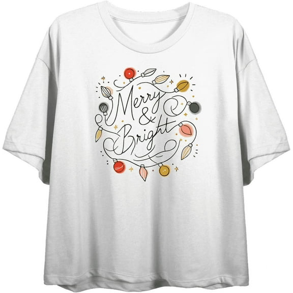 Merry & Bright Christmas Lights Women's White Crew Neck Short Sleeve Crop Tee-Small