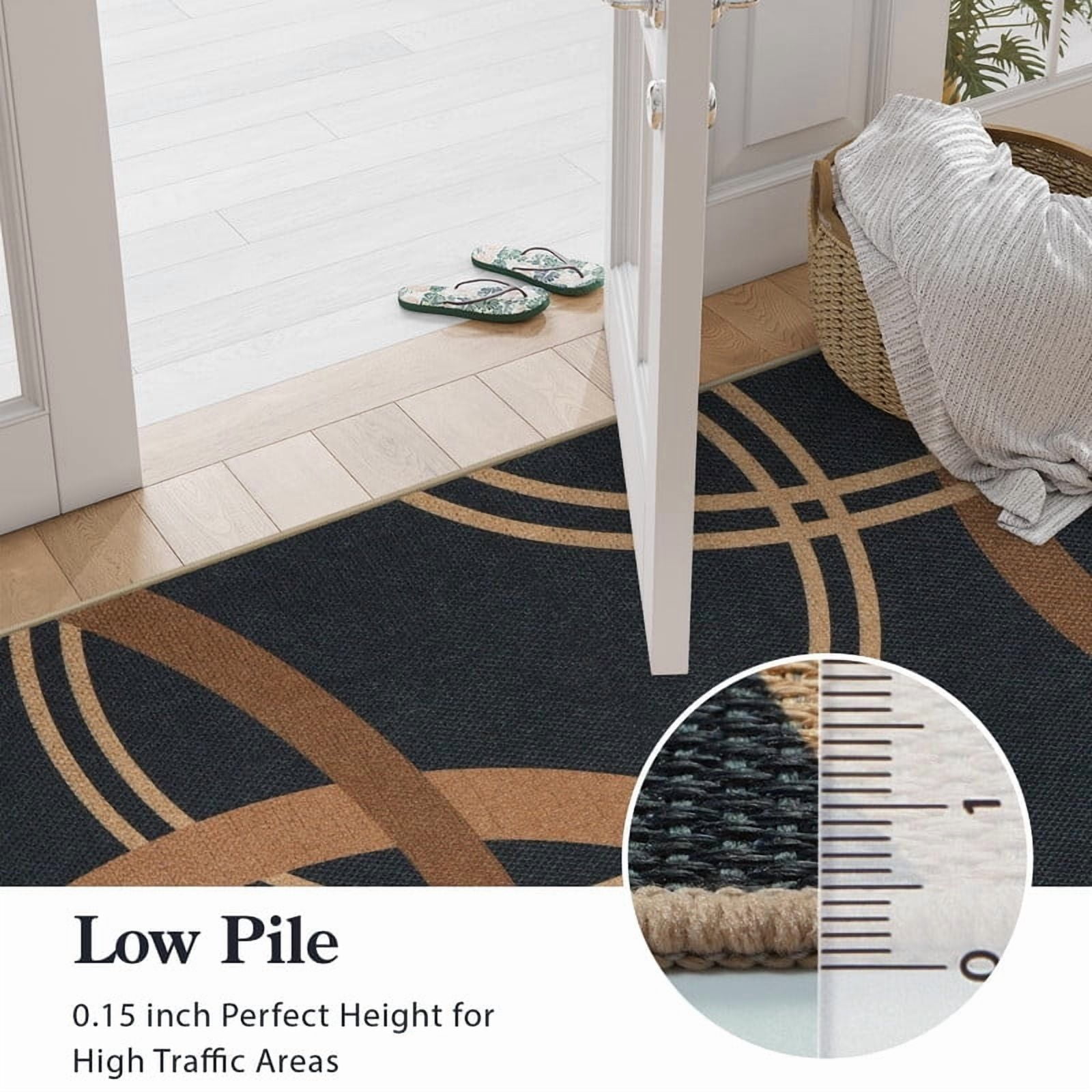 SUNDEREY 5'x7' Geometri Area Rug,5x7ft Washable Circular Pattern Rug,Easy Jute Indoor Outdoor Carpet, Farmhouse Non Slip Khaki Floor Rug for Bedroom Dining Room Office Entrance Kitchen,Black