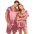 thumbnail image 2 of （Mens） Lightweight Summer Couple Satin Silk Button Down Short Sleeve Top Casual Shorts Matching His Hers Outfit Purple Pink L, 2 of 7