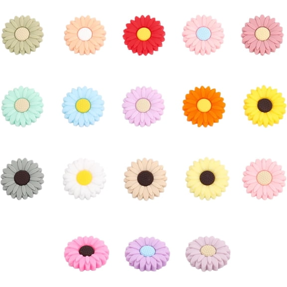 18Pcs 18Colors 30mm Daisy Silicone Beads Pen Beads DIY Silicone Loose Spacer Beads for DIY Necklace Bracelet Earrings Keychain Crafts Jewelry Making