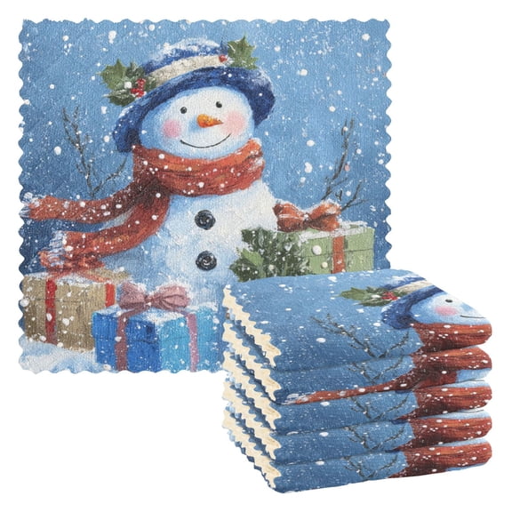 6 Pieces of Kitchen Towels 11x11Inch Kitchen Dish Cloths Kitchen Dish Towels Reuseable Cleaning Cloths Beautiful Christmas Snowman