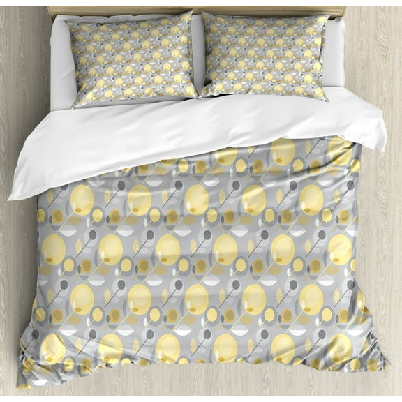 Yellow Flower Queen Size Duvet Cover Set, Abstract Geometric 60's Pattern in Modern Design and Pastel Colors, Decorative 3 Piece Bedding Set with 2 Pillow Shams, Pale Yellow Pale Grey, by Ambesonne