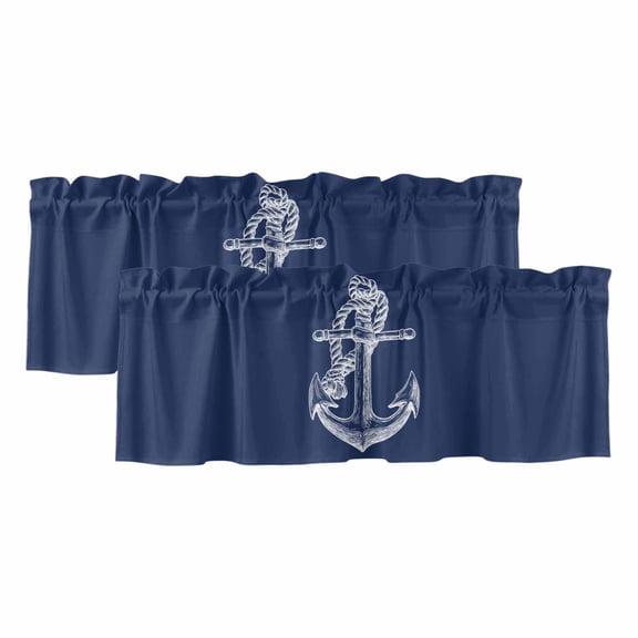 2 Pack Nautical Anchor Valance for Window Rope Knot Coastal Navy Blue Kitchen Valance Rod Pocket Short Curtain Topper Decorative Window Treatment for Living Room Bedroom 54"x18"