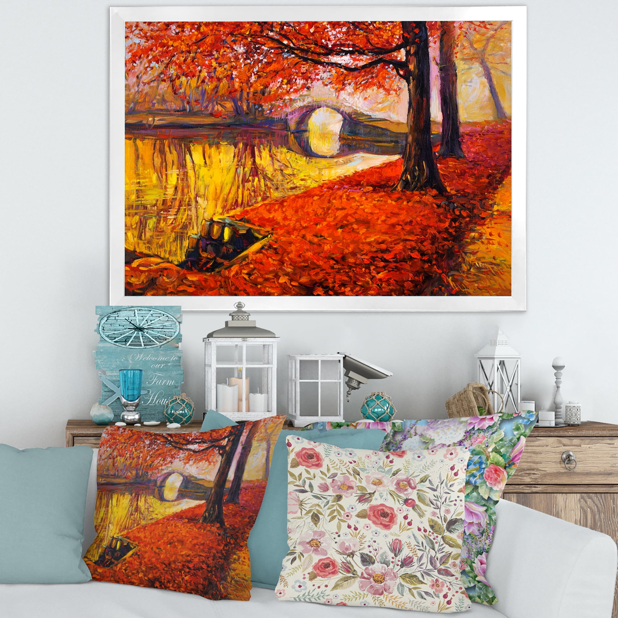 Designart 'Little Bridge In Deep Orange Autumn Landscape I' Traditional Framed Art Print