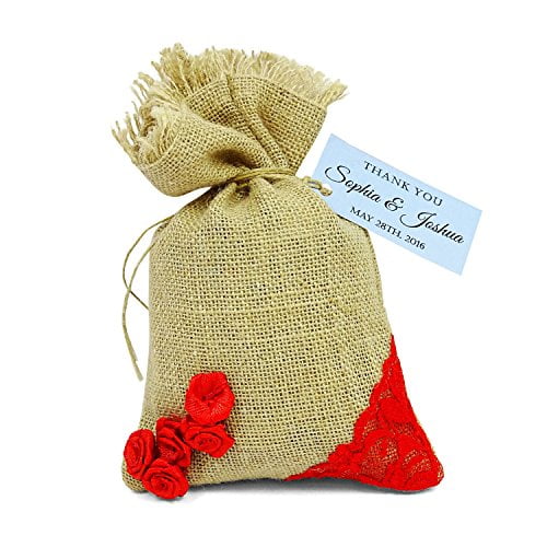 20 Burlap Drawstring Gift Bag Small Jute Pouch Wedding Party Rustic Favor Bags With Personalized Paper Tags 4"x6.5"
