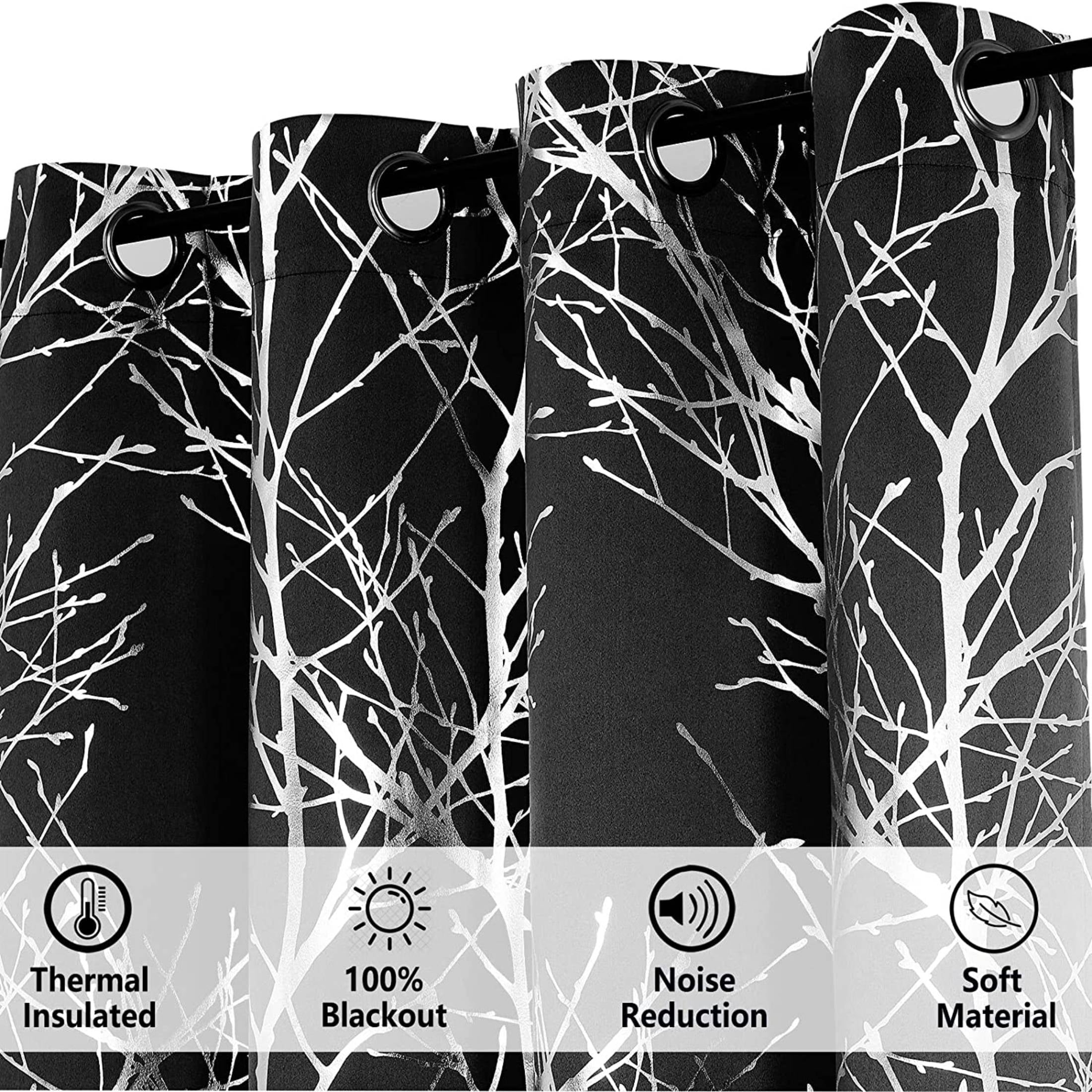 Decoultimatex Tree Branch Blackout Window Curtain Panels Black Silver Metallic Print Room Darkening Window Drapes for Bedroom Office, Grommet Top, 50"x 63"x 2