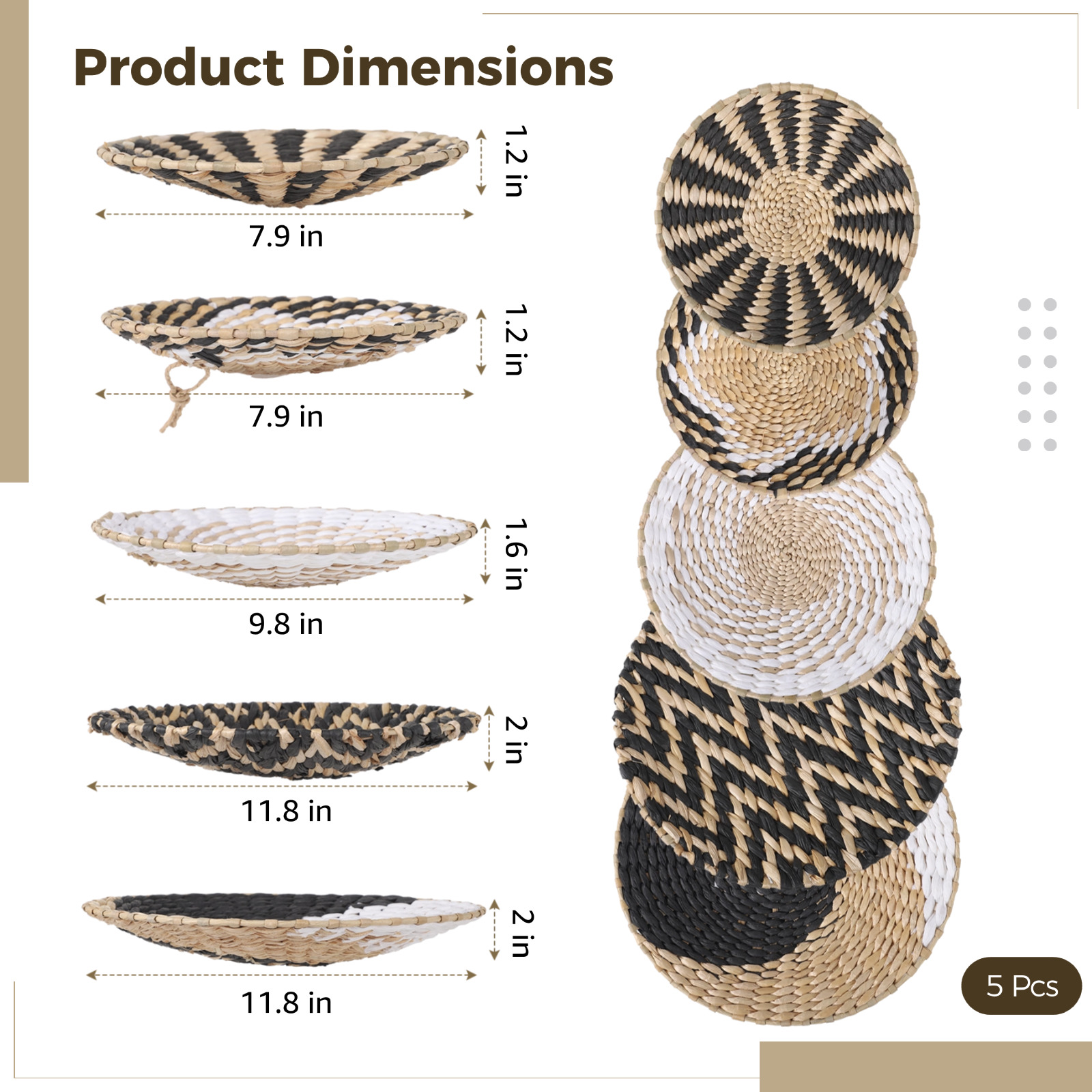 5 Pcs Bohemian Wall Baskets, Art Wicker Wall Decor Set, Handcrafted Woven Rattan Basket Decors, Farmhouse Grass Baskets, Various Sizes and Patterns, Easy Hanging for Home and Office