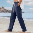 thumbnail image 3 of Zimjoy Men's Linen Cargo Pants Lightweight Multi-Pockets Elastic Waist Trousers Drawstring Breathable Casual Summer Beach Trousers, Navy 2XL, 3 of 5
