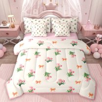 Homewish Kawaii Bowtie Ribbon 7-Piece Twin Bedding Sets,Cute Cartoon Floral Bedding Comforter Set,Pink Orange Green Sheet Sets For Girl Kids,Luxury Bedroom Decor Reversible