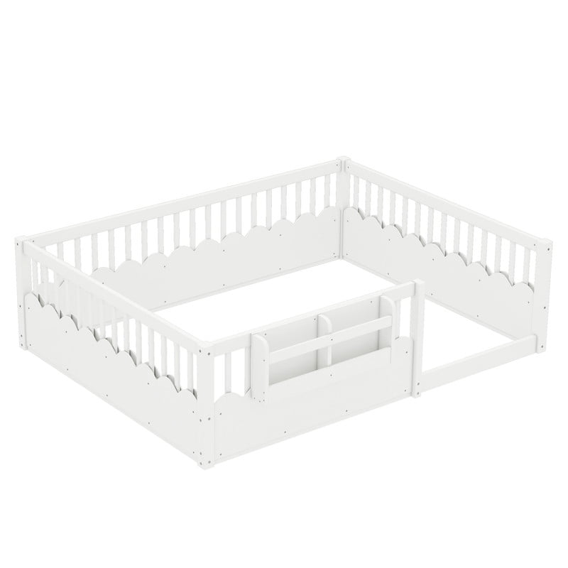 Queen Size Wood Floor Bed with Wavy Fence, Kids Platform Bed Frame with No Slat, Montessori Storage Bed with Bookshelf