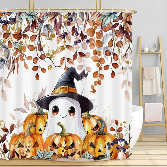 Halloween Cute Funny Ghost Shower Curtain, Fall Harvest Autumn Leaves Pumpkins Farmhouse Bath Curtain, Maple Leaves Spooky Bathroom Accessories Botanical for Bathroom Curtain Set with Hooks, 72X72in