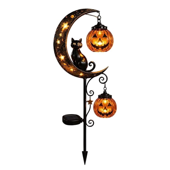 Solar Halloween Cat & Pumpkin Moon Garden Stake Light, Solar Garden Decoration, New Upgrade Outdoor Waterproof Metal Pumpkin Stake with Cat, Lights for Patio,Yard,Lawn,Pathway