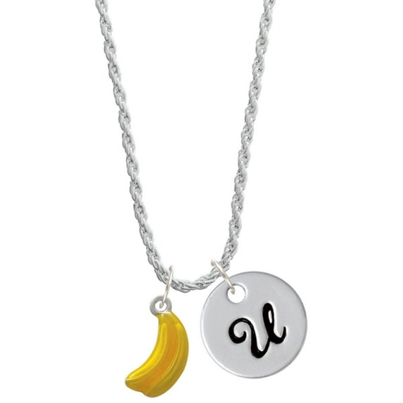 Delight Jewelry Silvertone 3-D Yellow Enamel Bananas Silvertone Script Initial Disc - U - Charm Necklace, 20"+3"