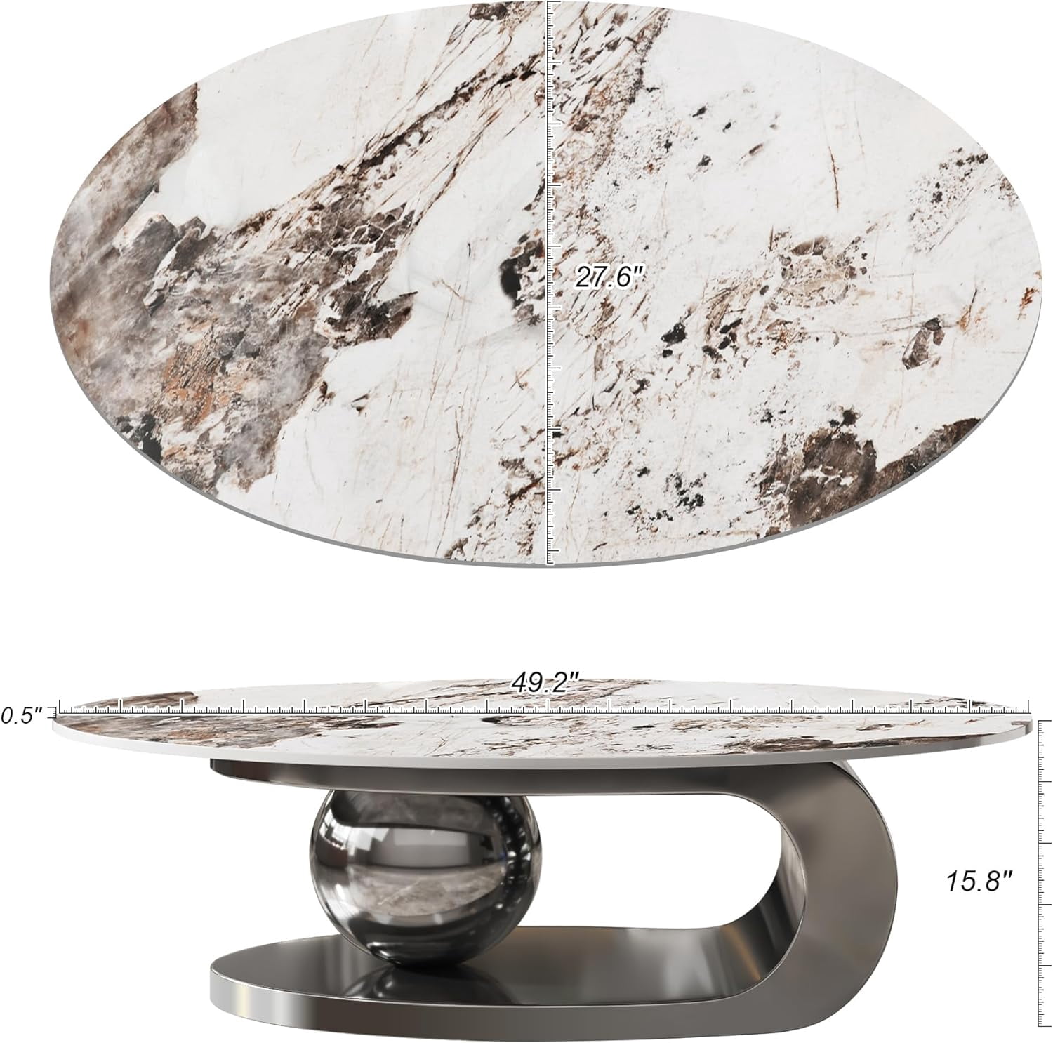 49.2" Modern Oval Marble Coffee Table – Gray Stainless Steel Base, Scratch-Resistant, Easy Assembly
