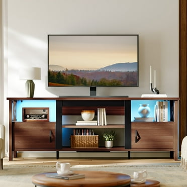 Bestier Farmhouse LED TV Stand for TVs up to 70" Entertainment Center with Cabinet in Ancona Walnut