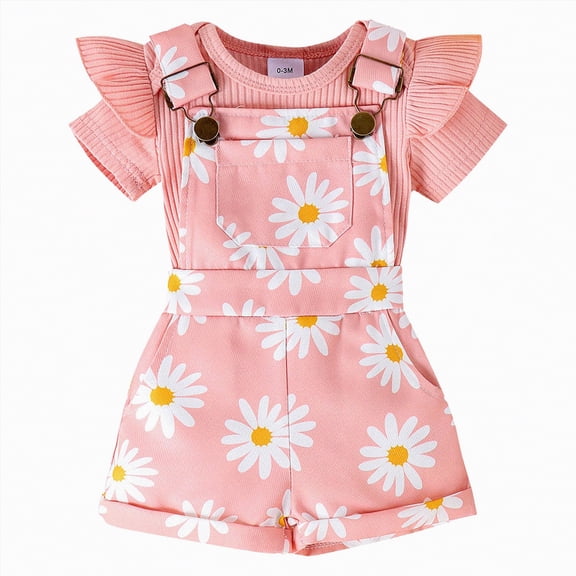 HCNTES Toddler Baby Girl Spring Summer Daily Outfit Breathable Fabric Romper Set with Elastic Bottoms for Kids Girls(Pink,6-12 Months)