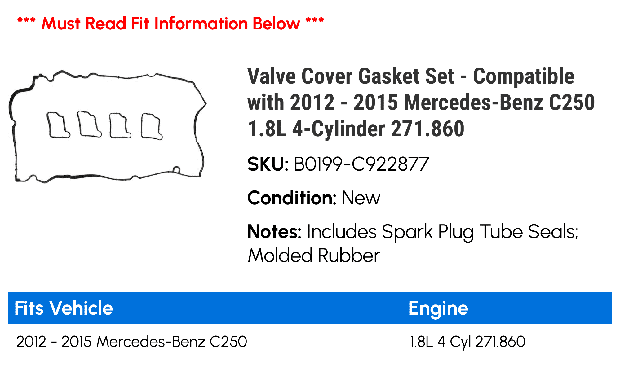 Valve Cover Gasket Set - Compatible with 2012 - 2015 Mercedes-Benz C250 1.8L 4-Cylinder 271.860 2013 2014