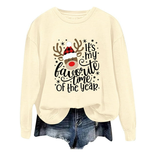 Wyzesi Chandails pour Femmes Chemise Manches Courtes Noël Oversize Femmes Chandails à Manches Longues Col Rond Imprimé Lettres Chandails Légers Amples Blouse Haut