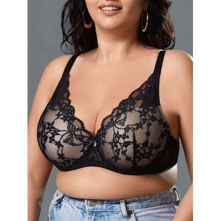 LJVOGUES Women s Lace Sheer Bras Plus Size Full Coverage Sexy Plunge Underwire Bra for Heavy Breast
