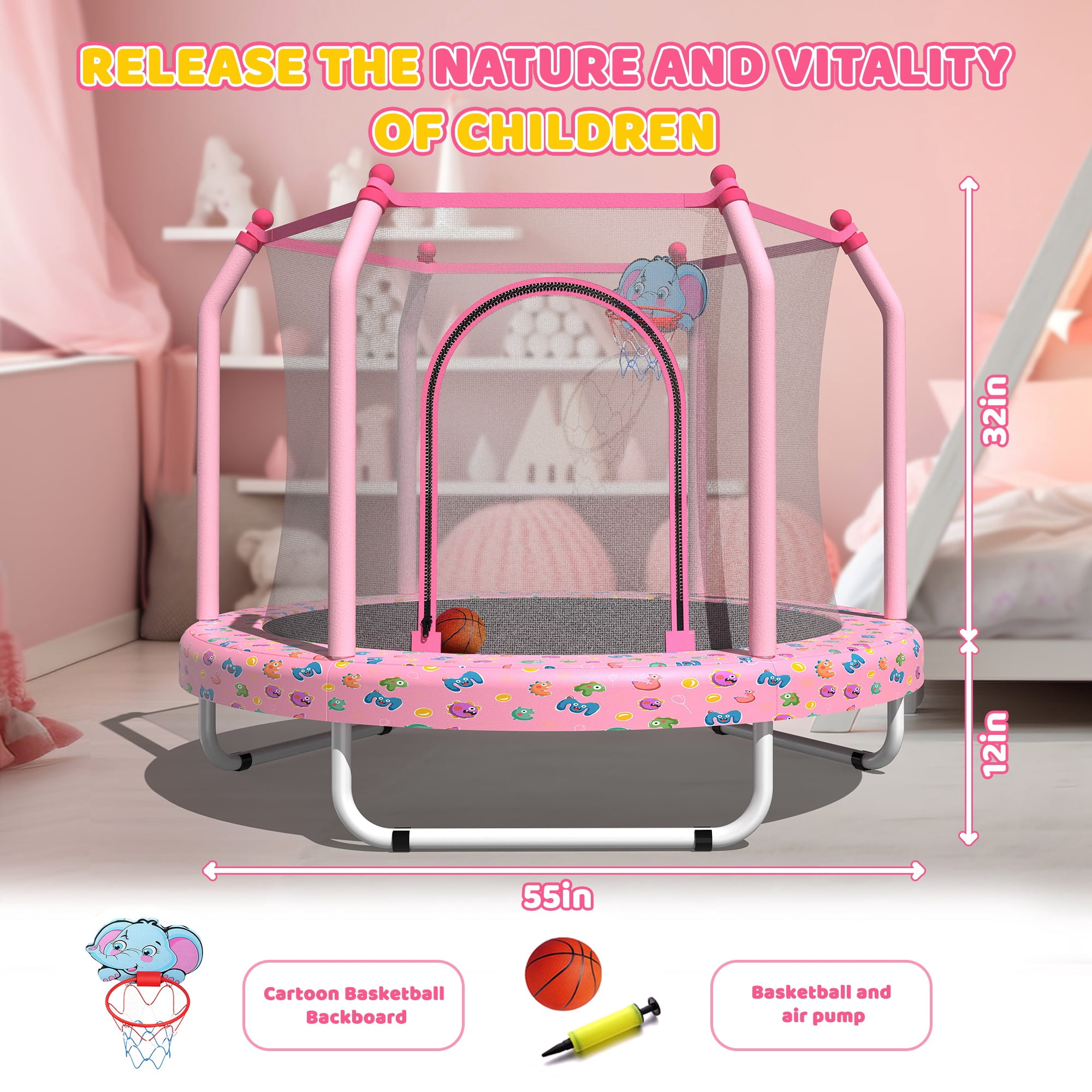 55" Trampoline for Kids, Mini Toddler Trampolines Indoor with Basketball Hoop & Safety Enclosure Net, No-Gap Safe Design for Boys Girls Ages 1-8