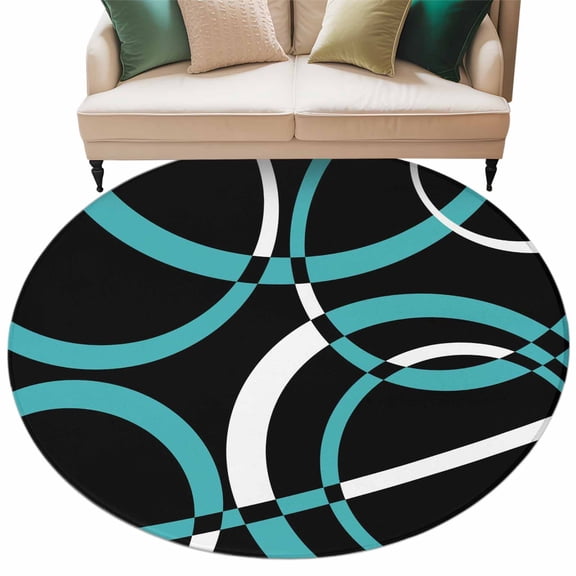 Round Rugs 7 Ft, Turquoise Geometric Non Slip Area Rugs for Kitchen Bedroom Entryway, Modern Abstract Aesthetic Striped Art Washable Carpet Runner Rug Floor Mats for Bedroom Home Decor