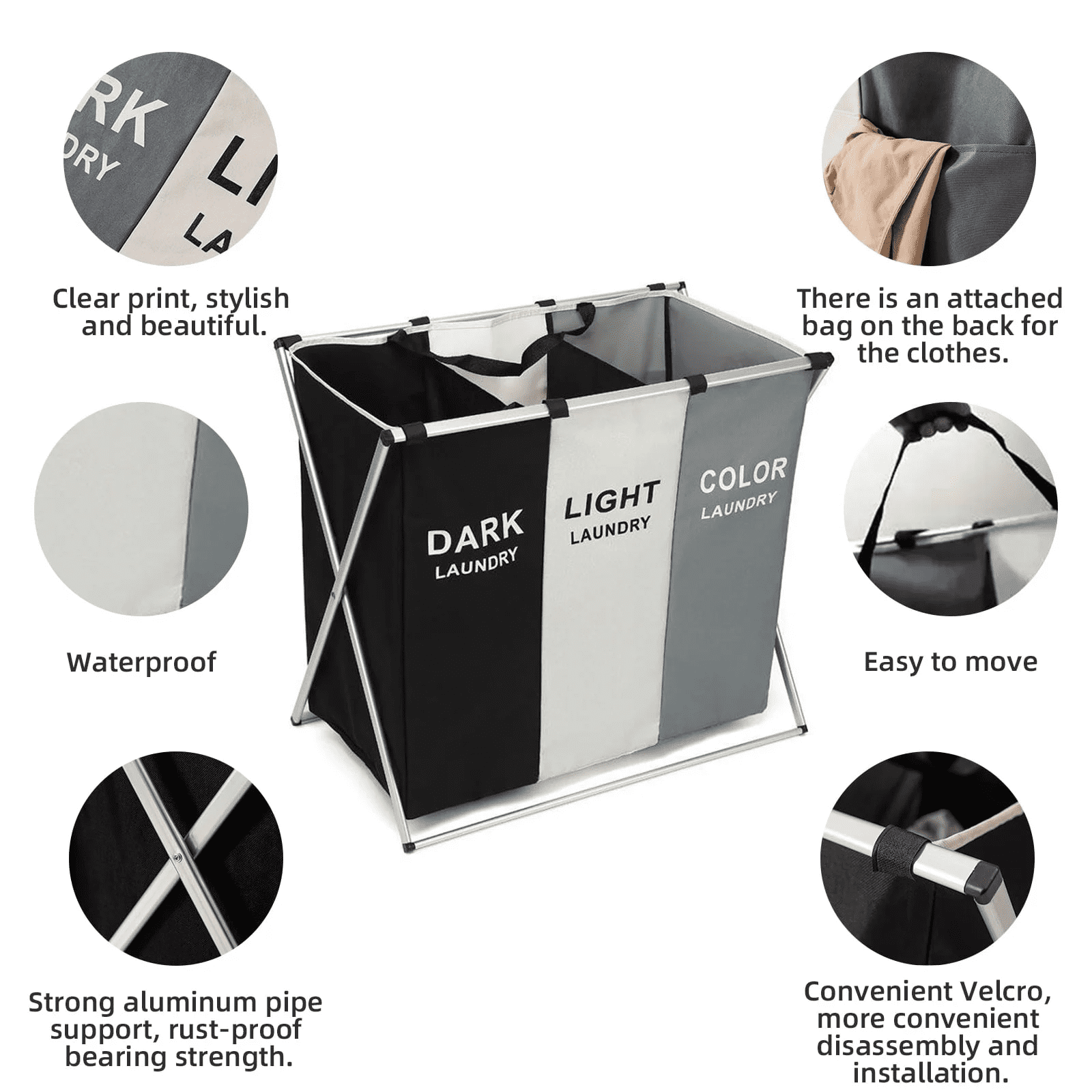 SROEDTY Collapsible Laundry Basket, 3-Compartment Freestanding Clothes Hamper with Reinforced Handles, Large Capacity Waterproof for Laundey Room, Living Room