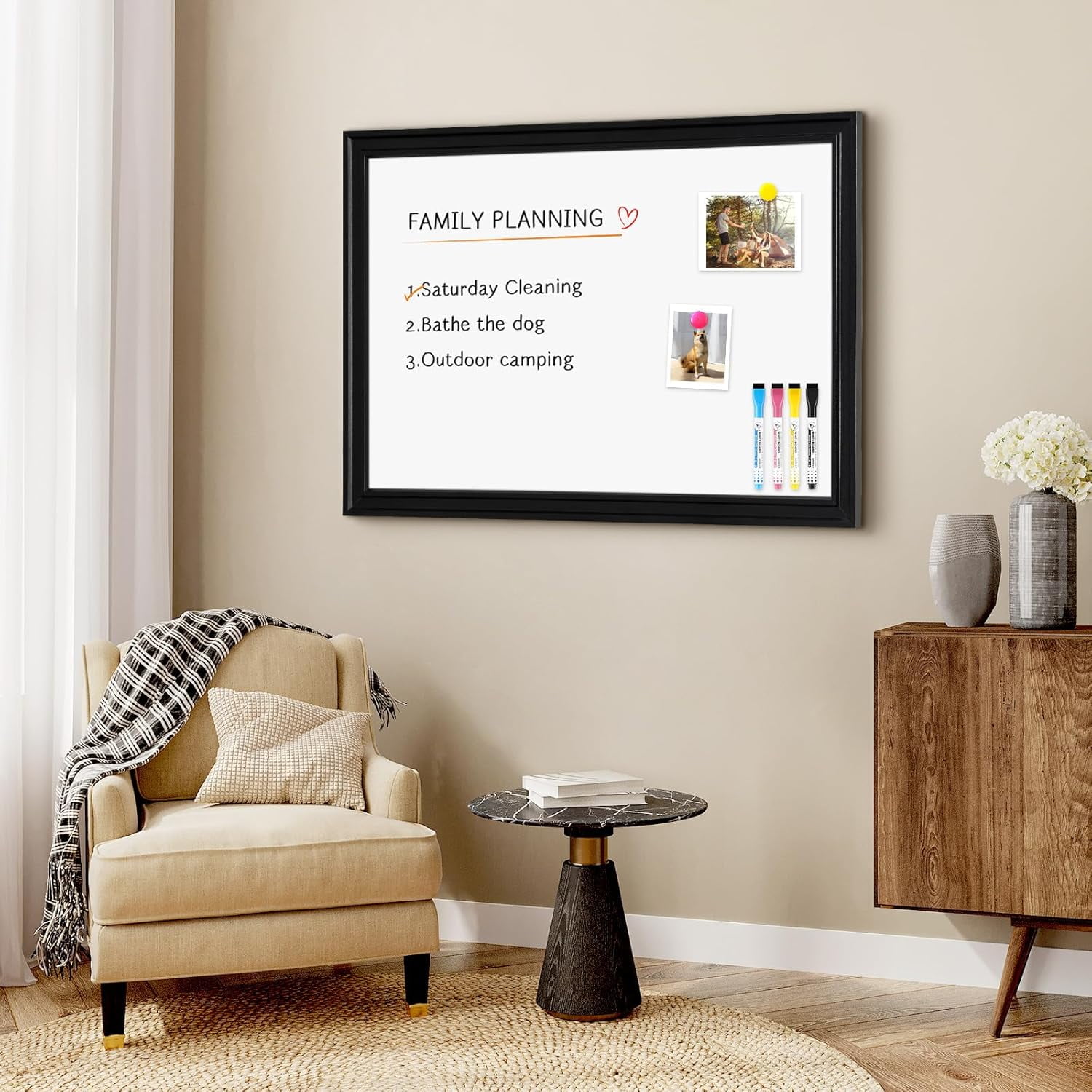 Magnetic Whiteboard 36 x 24 Dry Erase Board Wood Frame Wall-Mounted Decorative White Board Monthly Planner Notice Board for Office School Home with 8 Magnets 4 Markers 1 Eraser Black
