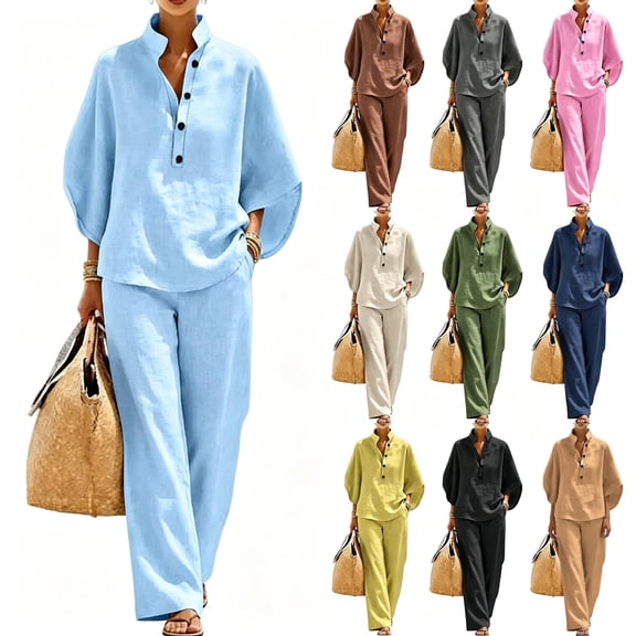 Purcolt 2 Piece Outfits for Women Summer Cotton Linen Matching Set V Neck Sleeveless Top Wide Leg Pants Casual Vacation Beach Travel Outfit