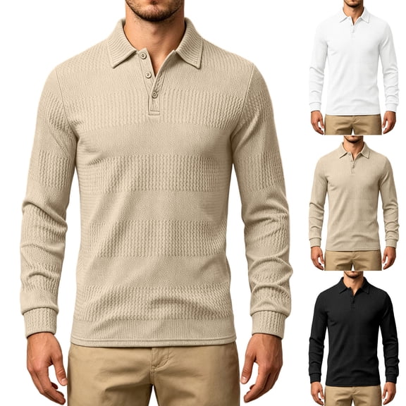 ZVAVZ Textured Polos Shirts for Men Regular Fit Long Sleeve Collared Tops Jacquard Fashion Casual Beach Vacation T-Shirt Khaki S