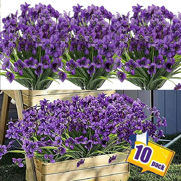 Sinhoon 10 Bundles Artificial Flowers Outdoor UV Resistant Plastic Plant Silk Flower, Faux Fake Flower Greenery Shrub Plant Indoor Outdoor Home Garden Decor (Purple)
