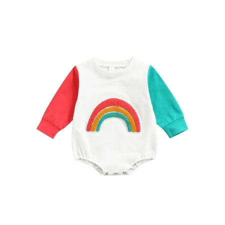 

Calsunbaby Infants Baby Boy Girl Long Sleeves Romper with Color Matching Newborn Rainbow Pattern Casual Style Spring Streetwear