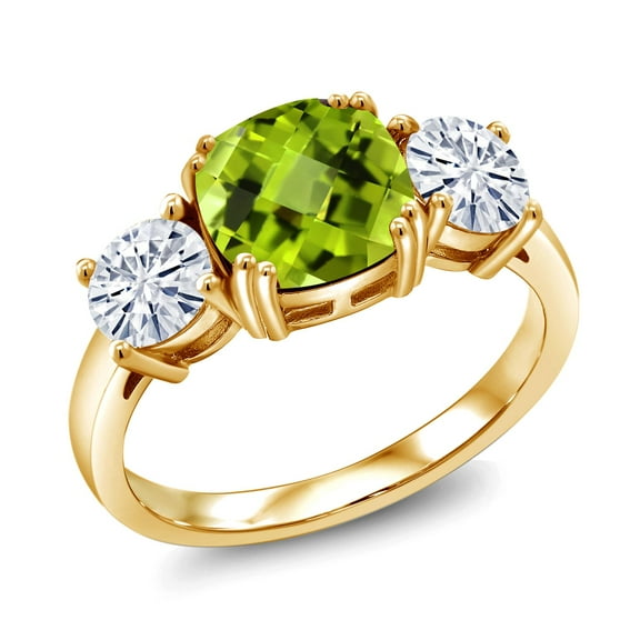 Gem Stone King 18K Yellow Gold Plated Silver Green Peridot and Moissanite 3 Stone Engagement Ring for Women (3.50 Cttw, August Birthstone, Cushion Checkerboard 8MM, Size 6)